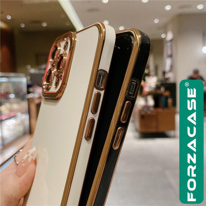 Forzacase%20iPhone%2012%20uyumlu%20Luxury%20Serisi%20Altın%20Çerçeveli%20Silikon%20Kılıf