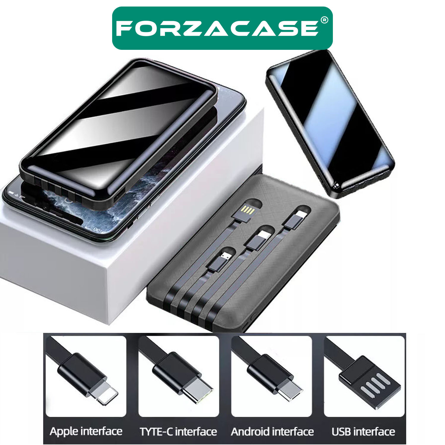 Forzacase%208000%20Mah%20Powerbank%20LED%20Panelli%20Çift%20Usb%20Çıkışlı%20Type-C%20Micro%20USB%20Lightning%20Kablolu-%20FC580