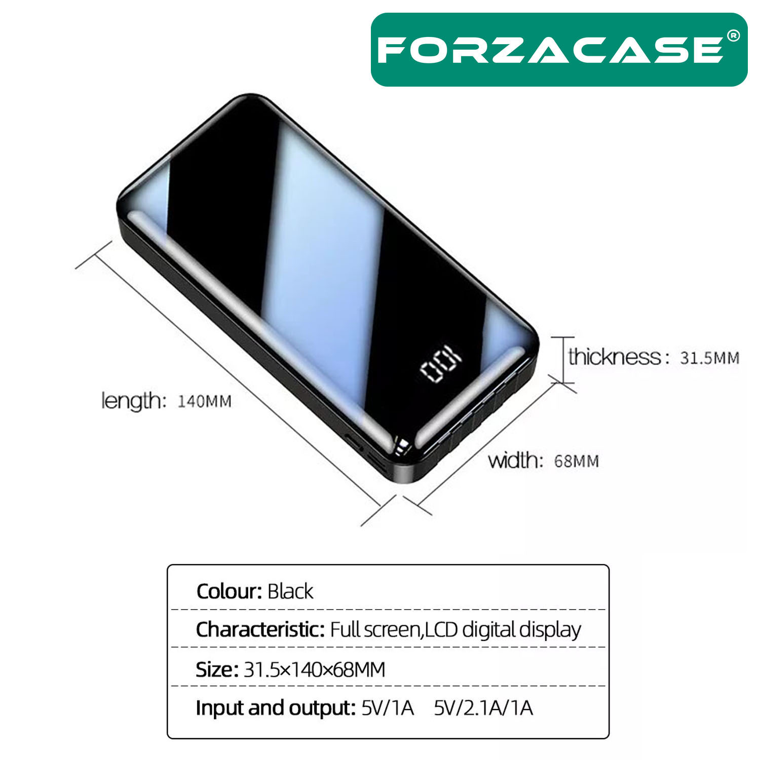 Forzacase%2010000%20Mah%20Powerbank%20LED%20Panelli%20Çift%20Usb%20Çıkışlı%20Type-C%20Micro%20USB%20Lightning%20Kablolu%20-%20FC580