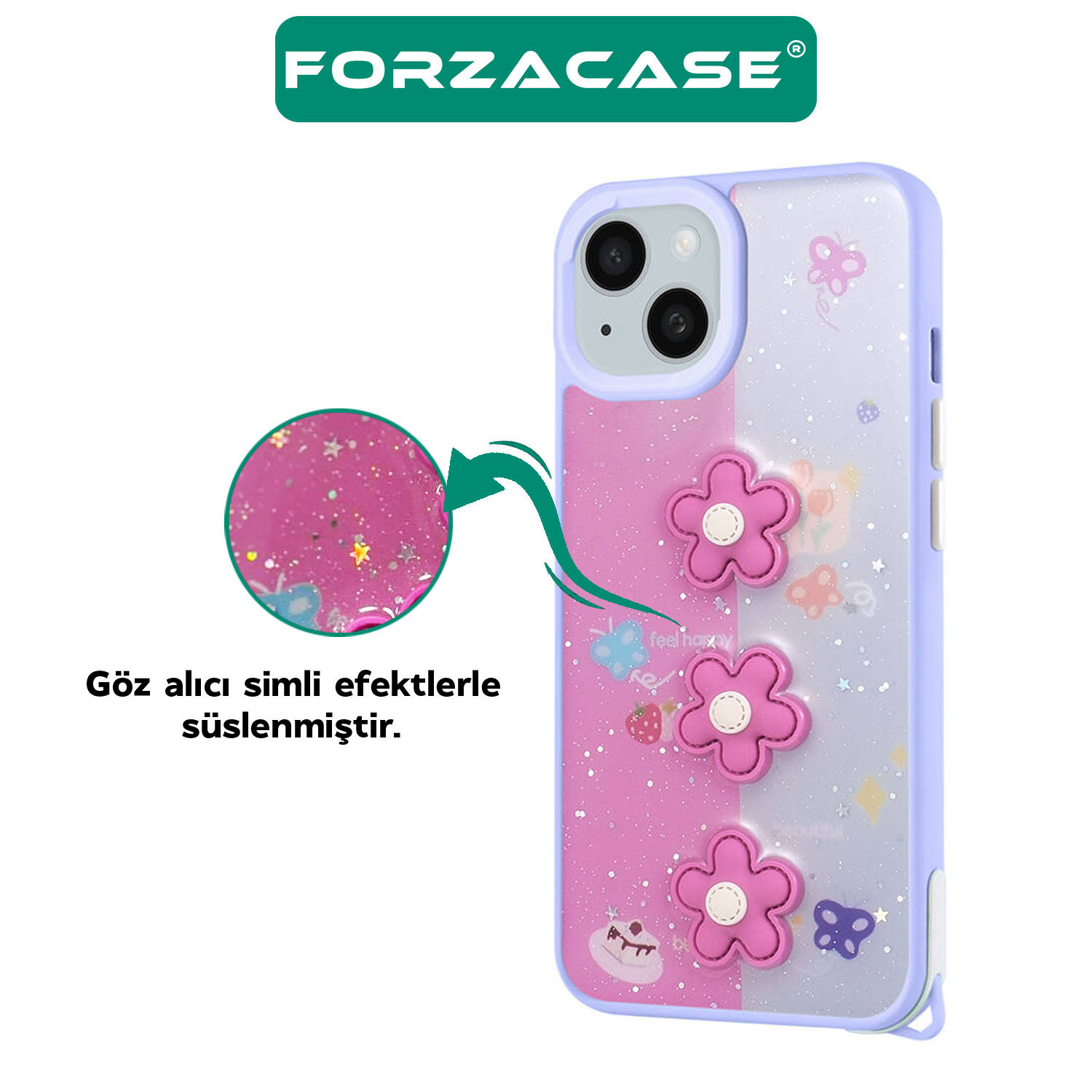 Forzacase%20Samsung%20Galaxy%20A15%20ile%20uyumlu%20Cute%20Serisi%20Parlayan%20Simli%20Kabartma%20Figürlü%20Kılıf