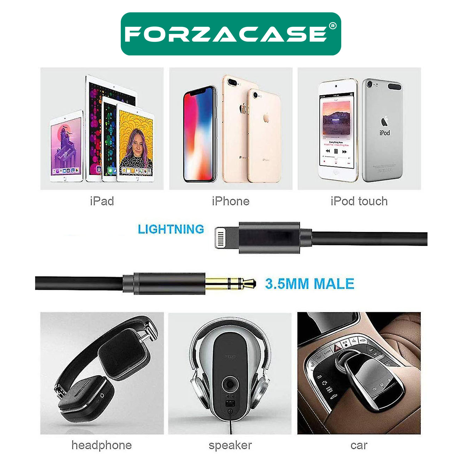 Forzacase%20iPhone%20iPad%20Lightning%20to%203.5%20mm%20Aux%20Çevirici%20Ses%20Aktarım%20Kablosu%201m%20-%20FC070