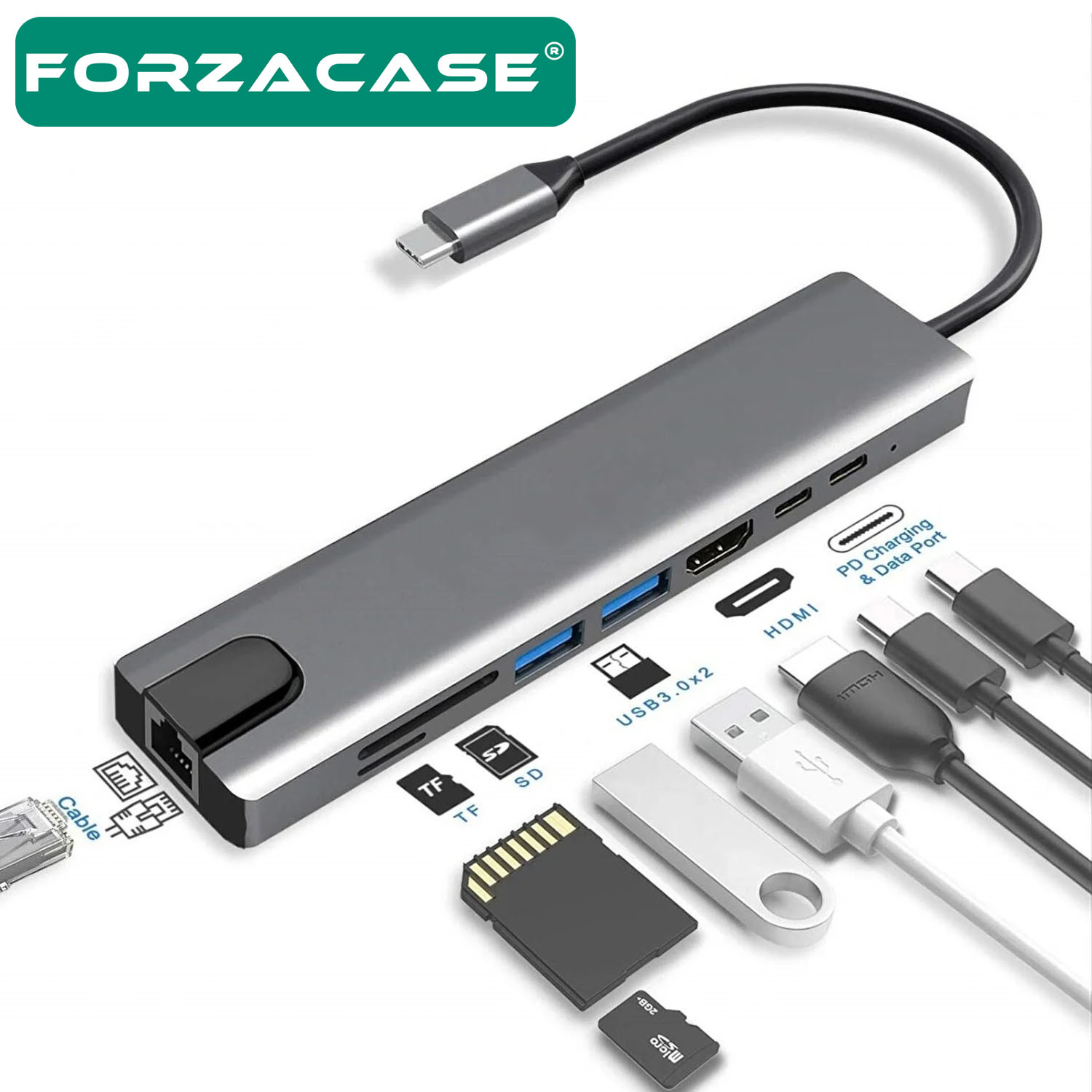 Forzacase%20Notebook%20Macbook%20Type-C%20Görüntü%20Aktarıcı%208in1%20Ethernet%20Sd%20USB%20HDMI%20Çevirici%20Hub%20HDTV%20FC386