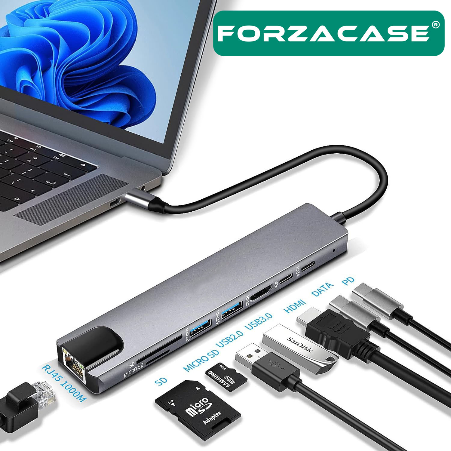 Forzacase%20Notebook%20Macbook%20Type-C%20Görüntü%20Aktarıcı%208in1%20Ethernet%20Sd%20USB%20HDMI%20Çevirici%20Hub%20HDTV%20FC386