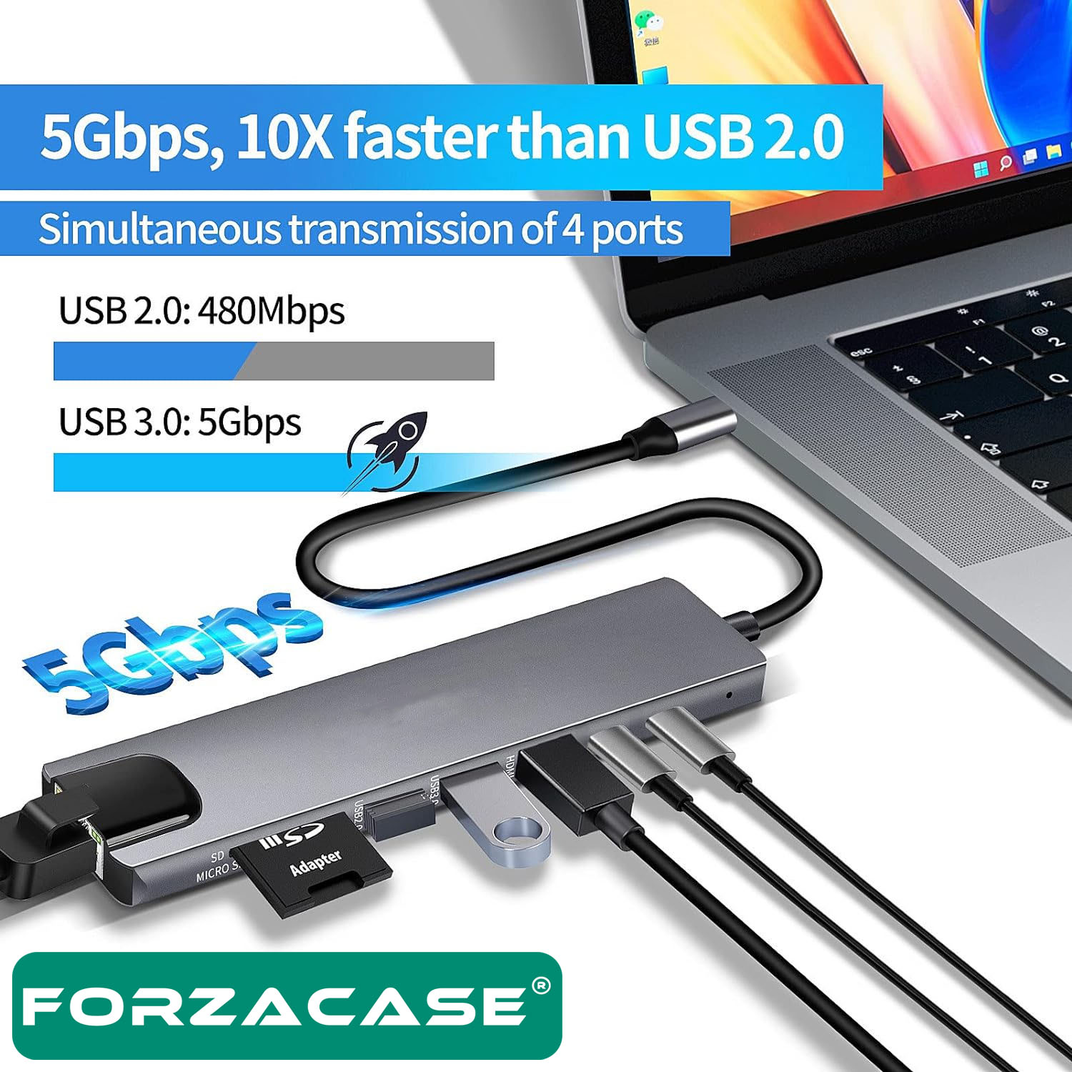 Forzacase%20Notebook%20Macbook%20Type-C%20Görüntü%20Aktarıcı%208in1%20Ethernet%20Sd%20USB%20HDMI%20Çevirici%20Hub%20HDTV%20FC386