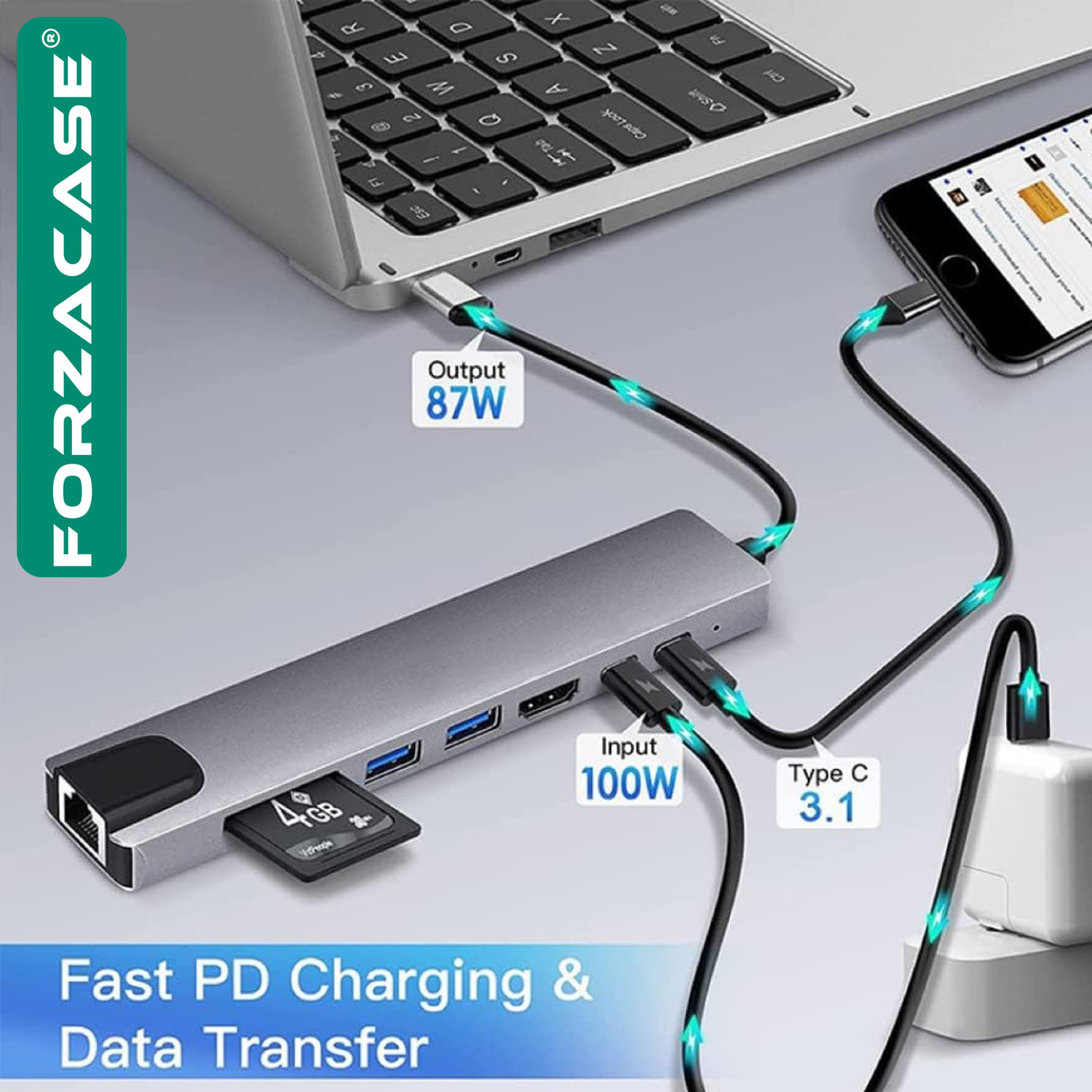 Forzacase%20Notebook%20Macbook%20Type-C%20Görüntü%20Aktarıcı%208in1%20Ethernet%20Sd%20USB%20HDMI%20Çevirici%20Hub%20HDTV%20FC386