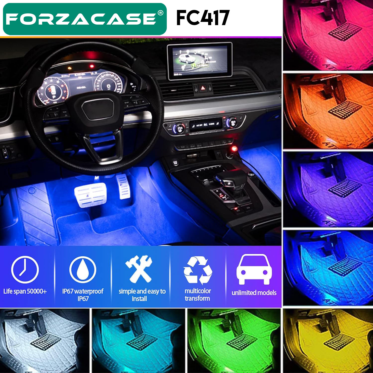 Forzacase%20Araç%20İçi%20Çakmaklık%20Girişli%20Müziğe%20ve%20Sese%20Duyarlı%20RGB%20Renkli%20Kumandalı%20Ayak%20Altı%20Led%20FC417