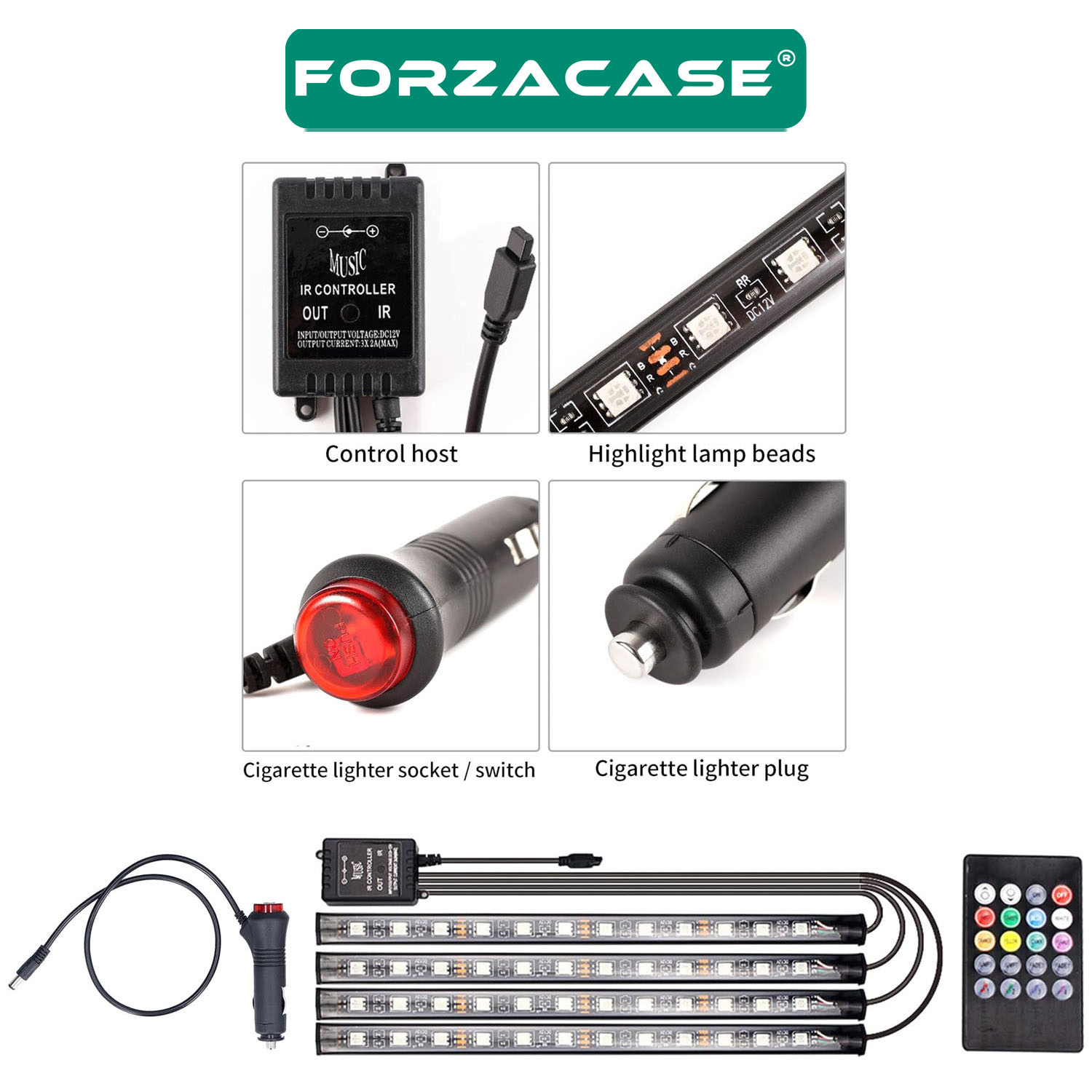 Forzacase%20Araç%20İçi%20Çakmaklık%20Girişli%20Müziğe%20ve%20Sese%20Duyarlı%20RGB%20Renkli%20Kumandalı%20Ayak%20Altı%20Led%20FC417