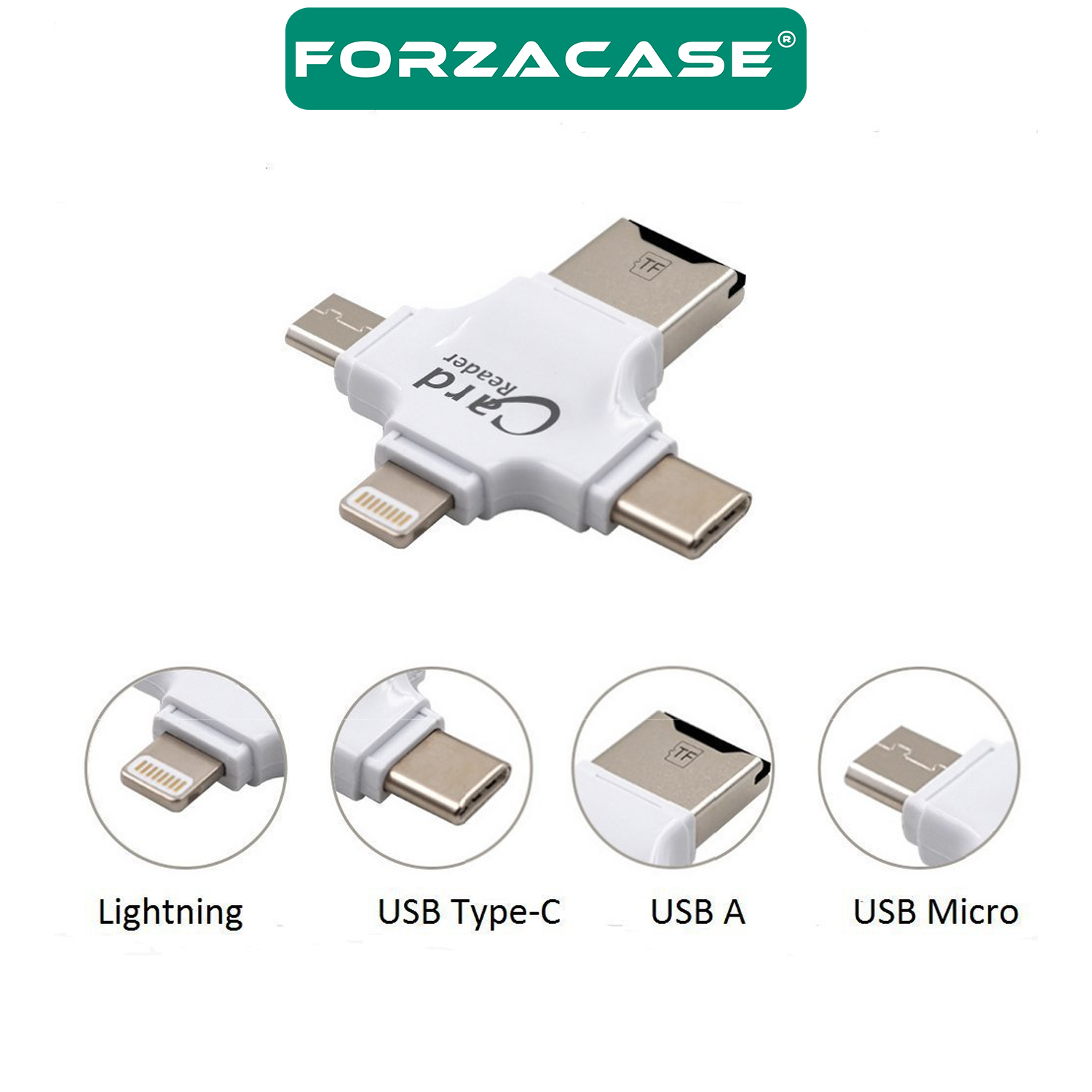 Forzacase%204in%20Lightning%20+%20MicroUSB%20+%20Type-C%20TF%20Kart%20Okuyucu%20Adaptör%20Reader%20-%20FC491