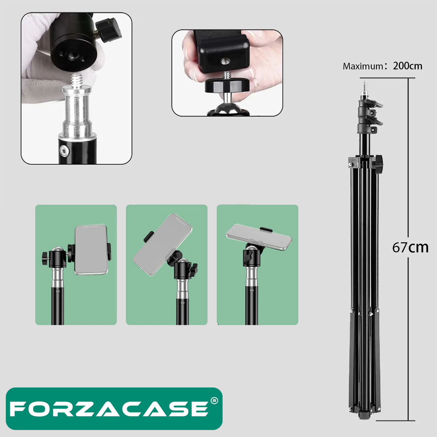 Forzacase%20Samsung%20Telefonlar%20ile%20uyumlu%20Bluetooth%20Kumandalı%20Alüminyum%20Tripod%20200%20cm%20FC576