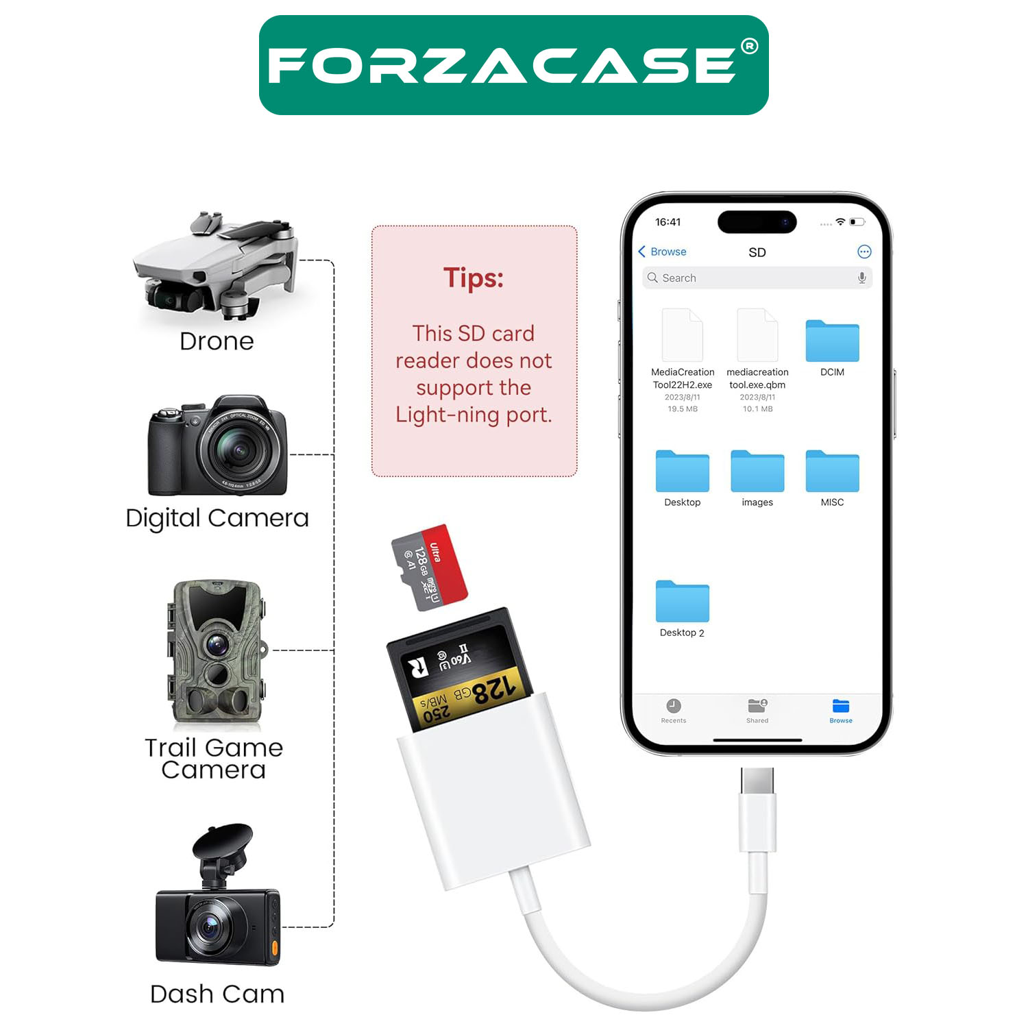 Forzacase%20Telefon%20ve%20Tabletler%20için%20Type-C%20to%20SD%20/%20Micro%20SD%20/%20TF%20Kart%20Okuyucu%20Adaptör%20-%20FC674