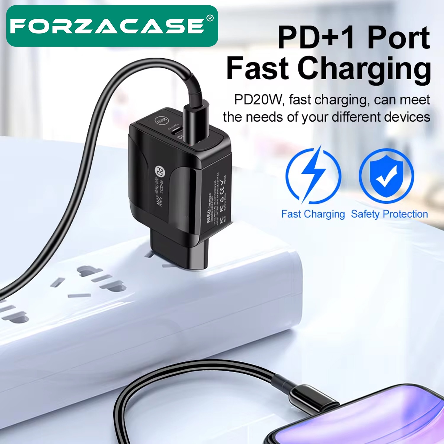 Forzacase%20Çift%20Girişli%2018W%20USB-C%20Güç%20Adaptörü%20Apple%20iOS%20Android%20uyumlu%20PD%20Adaptör%20-%20FC693