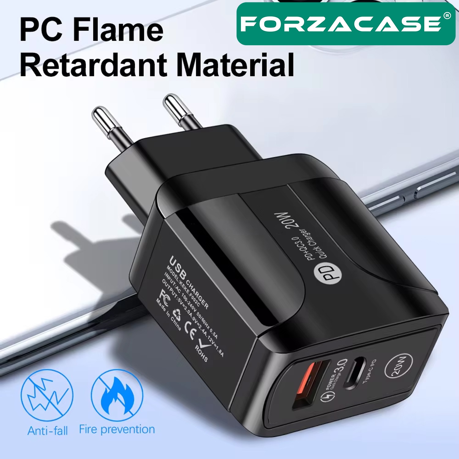 Forzacase%20Çift%20Girişli%2018W%20USB-C%20Güç%20Adaptörü%20Apple%20iOS%20Android%20uyumlu%20PD%20Adaptör%20-%20FC693