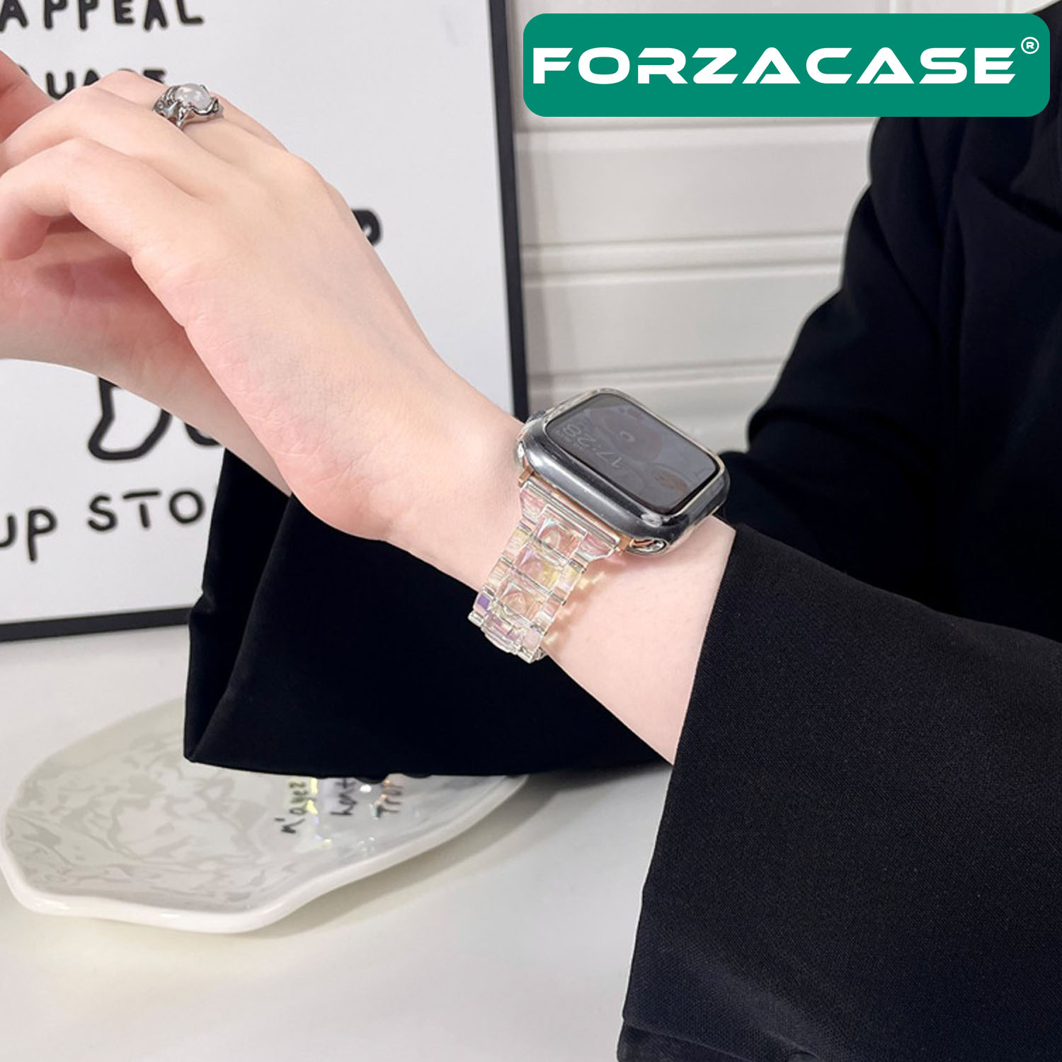 Forzacase%20Apple%20Watch%208%2041mm%20ile%20uyumlu%20Transparan%20Hologram%20Baklalı%20Kordon%20Kayış%20-%20FC734