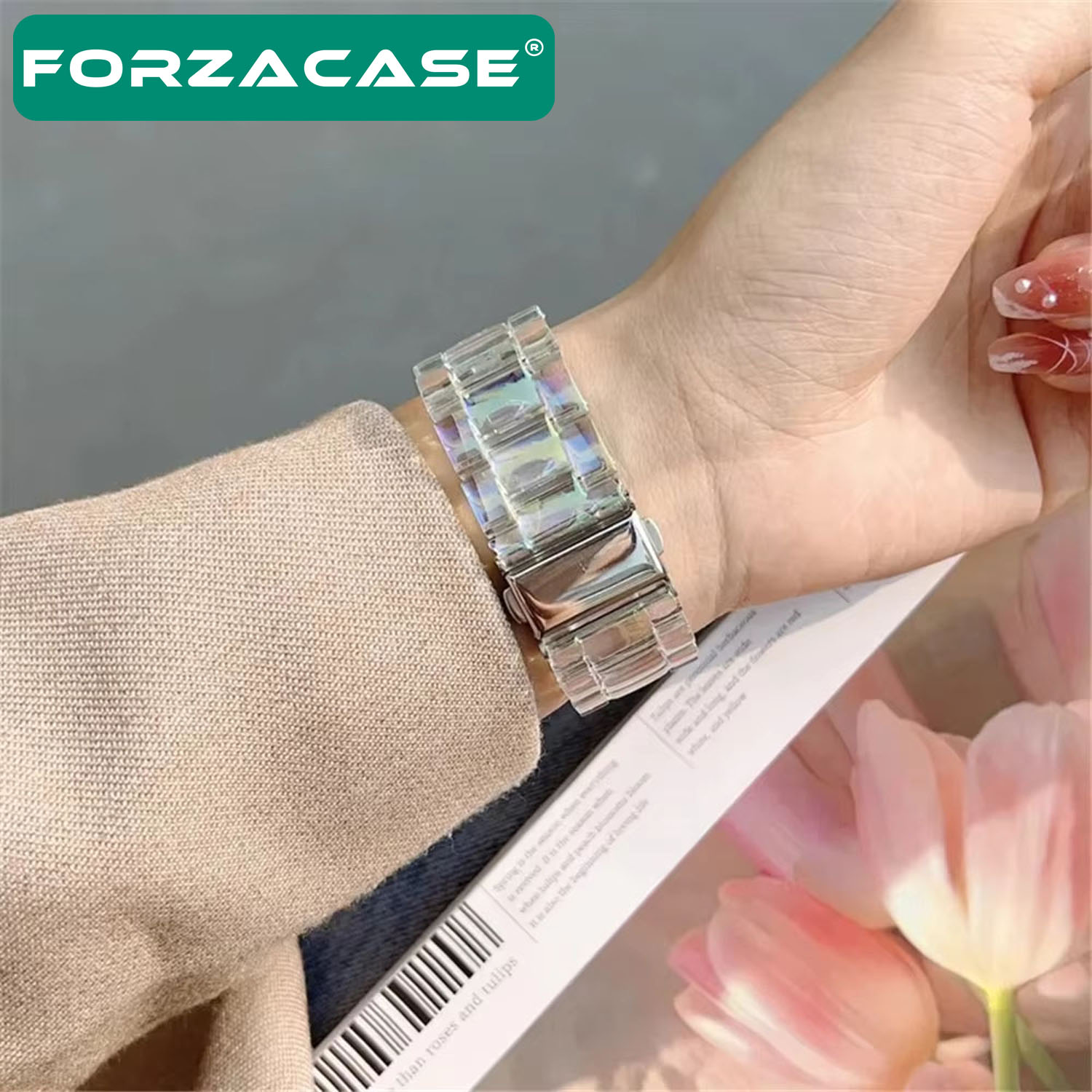 Forzacase%20Apple%20Watch%20Ultra%202%2049mm%20ile%20uyumlu%20Transparan%20Hologram%20Baklalı%20Kordon%20Kayış%20-%20FC886