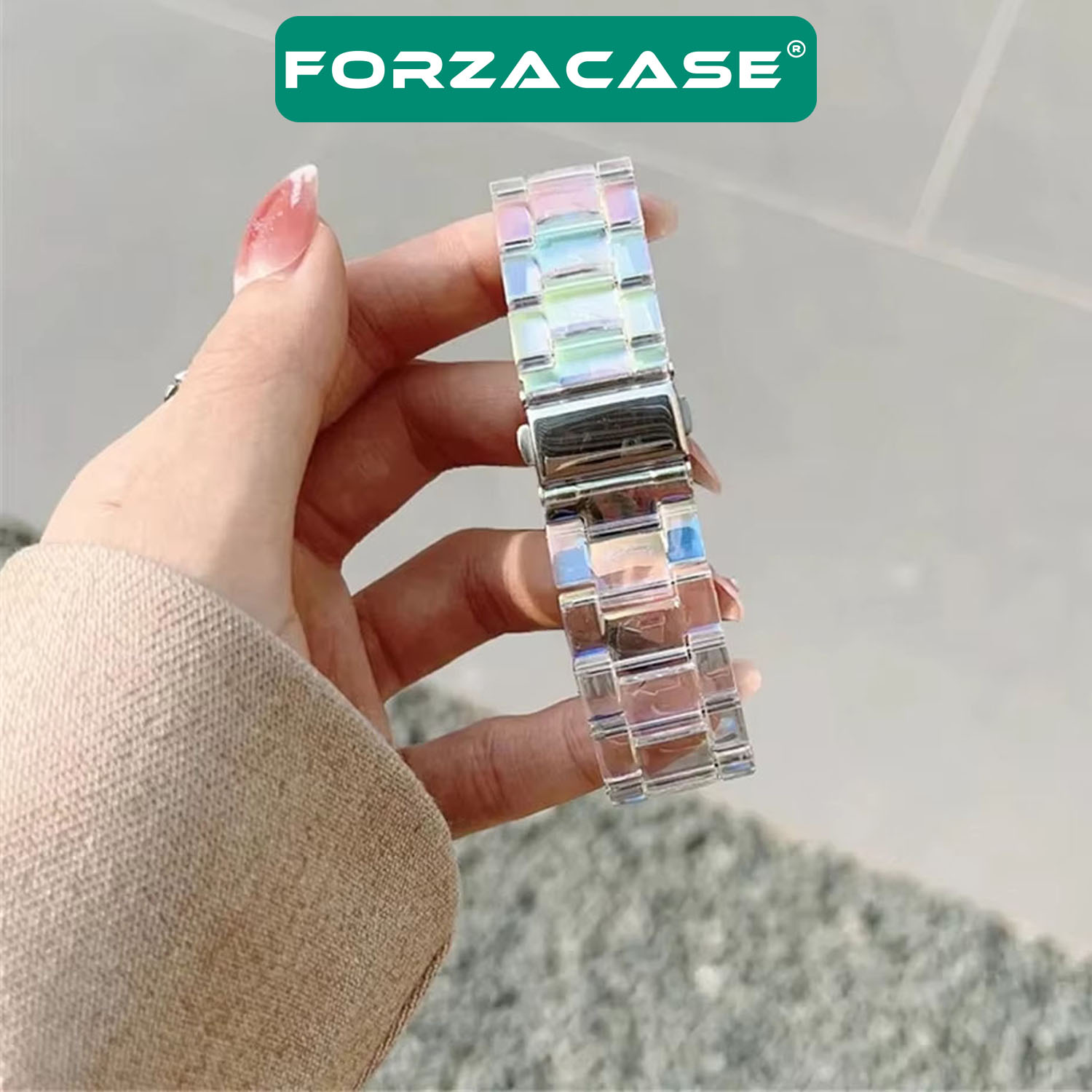 Forzacase%20Apple%20Watch%207%2045mm%20ile%20uyumlu%20Transparan%20Hologram%20Baklalı%20Kordon%20Kayış%20-%20FC886