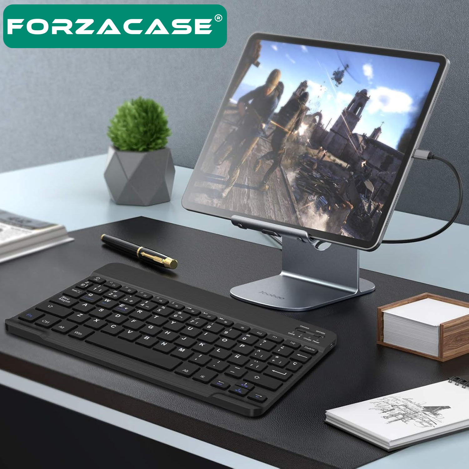 Forzacase%20Tablet%20ve%20Telefonlar%20için%20Şarjlı%20Kare%20Tuşlu%20Bluetooth%20Kablosuz%20Klavye%20-%20FC755