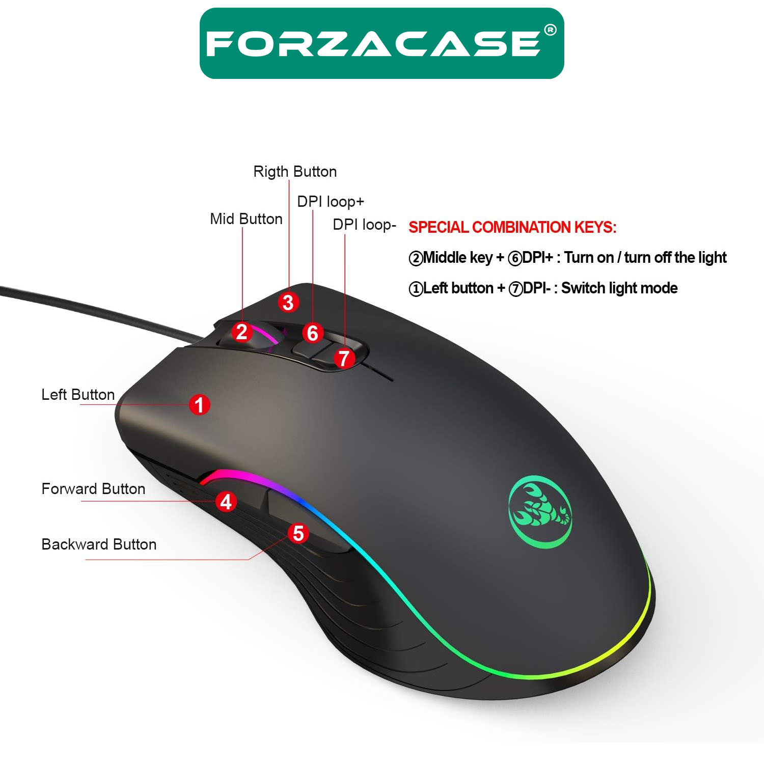 Forzacase%20RGB%20Işıklı%20Örgü%20Kablolu%207200%20DPI%20Makrolu%207%20Tuş%20Gaming%20Oyuncu%20Mouse%20-%20FC872