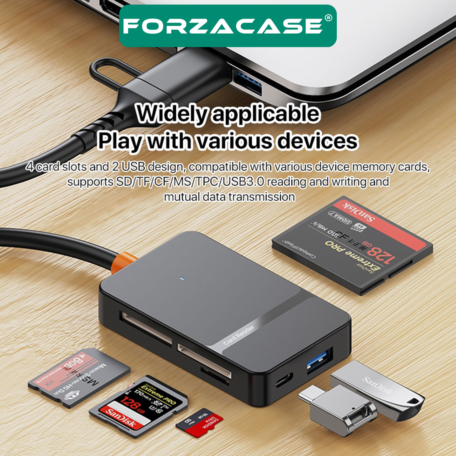 Forzacase%208in1%20Usb-C%20+%20USB%208%20Port%20MS%20CF%20TF%20SD%20DHC%20SDXC%20Kamera%20Kart%20Tak%20Çalıştır%20Kart%20Okuyucu%20-%20FC874