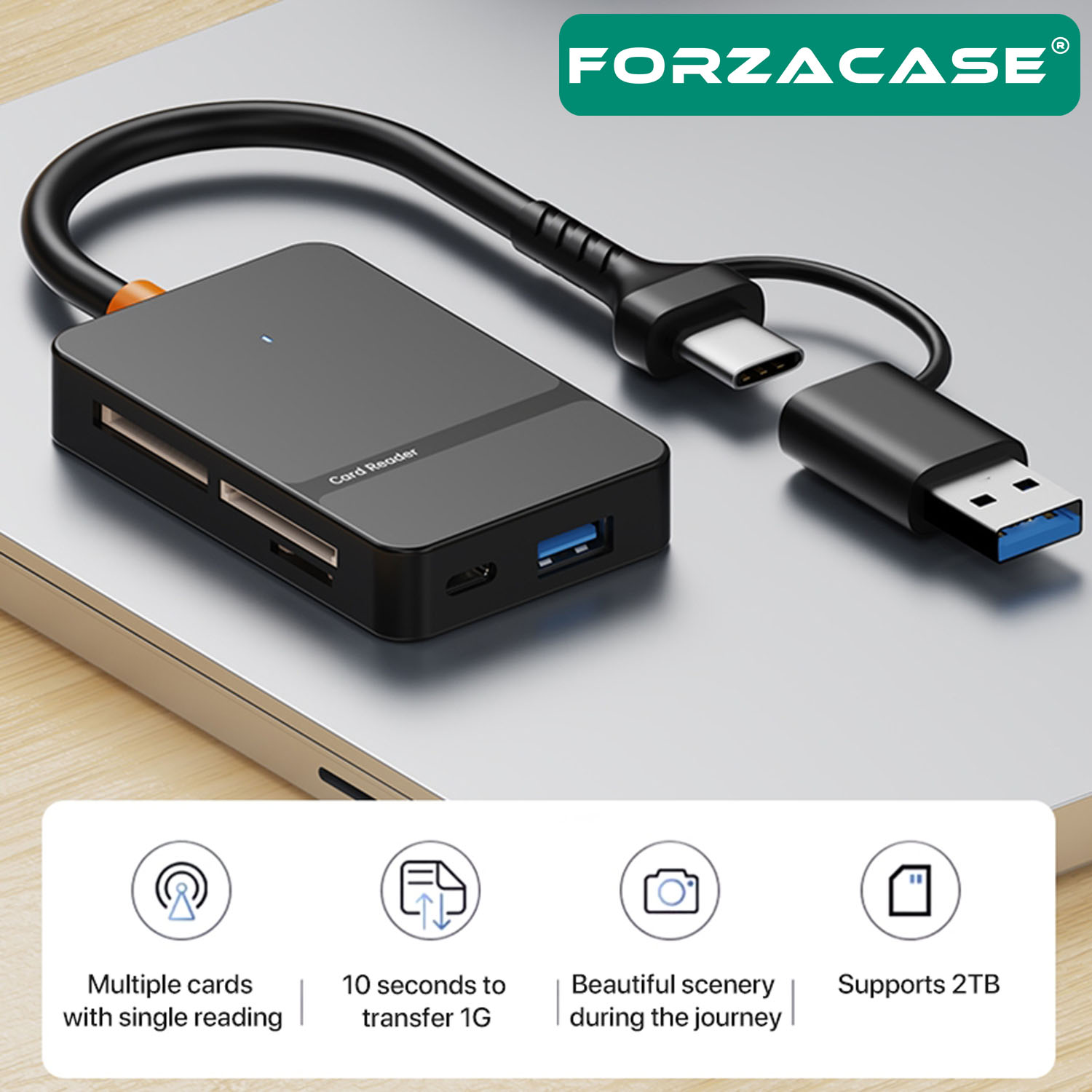 Forzacase%208in1%20Usb-C%20+%20USB%208%20Port%20MS%20CF%20TF%20SD%20DHC%20SDXC%20Kamera%20Kart%20Tak%20Çalıştır%20Kart%20Okuyucu%20-%20FC874