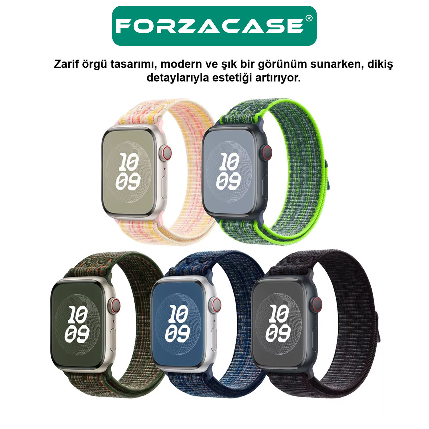 Forzacase%20Apple%20Watch%208%2045mm%20ile%20uyumlu%20Hasır%20Örgü%20Cırtlı%20Kordon%20Kayış%20-%20FC909