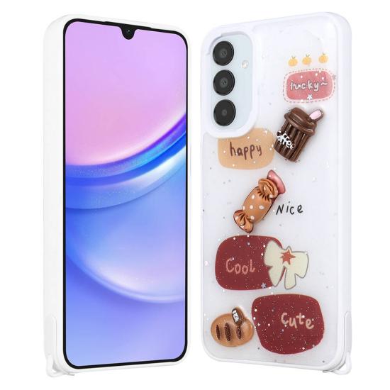 Forzacase Samsung Galaxy A15 ile uyumlu Cute Serisi Parlayan Simli Kabartma Figürlü Kılıf