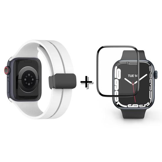 Forzacase Apple Watch 9 45 mm için Manyetik Tokalı Silikon Kordon Kayış + Ekran Koruma Filmi - FC272