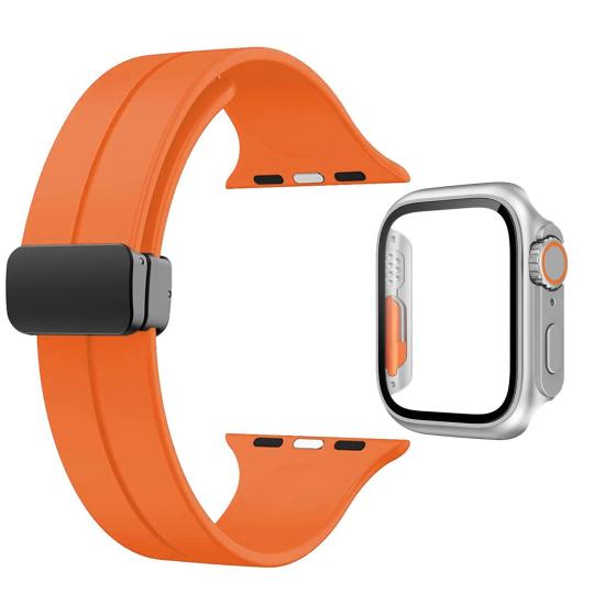 Forzacase Apple Watch 45mm ile uyumlu Manyetik Silikon Kordon + Ekran Kasa Koruyuculu Kılıf FC272