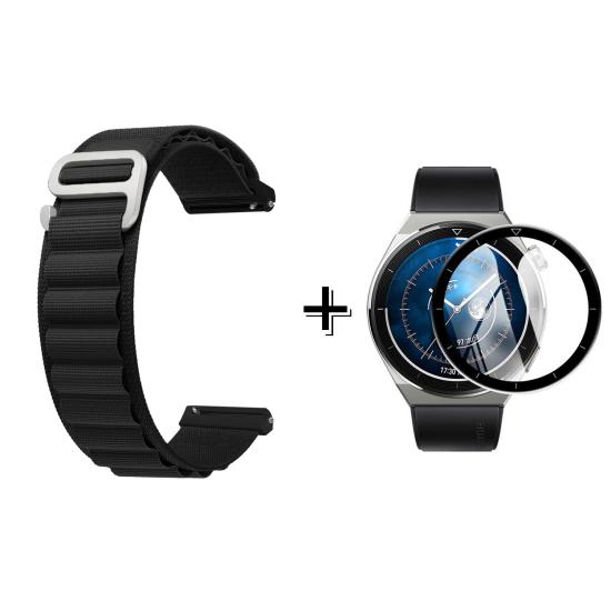 Forzacase Huawei Watch GT3 Pro 46mm için Kancalı Kumaş Kordon Kayış + Ekran Koruma Filmi - FC156