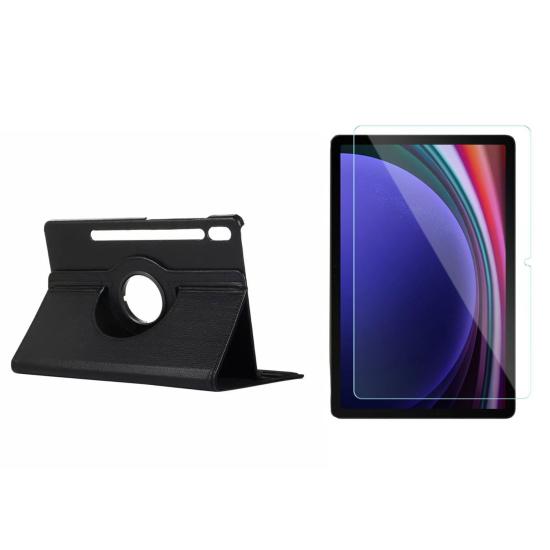 Forzacase Samsung Tab S9 FE Plus uyumlu 360 Derece Döner Standlı Kılıf + Temperli Kırılmaz Cam FC012