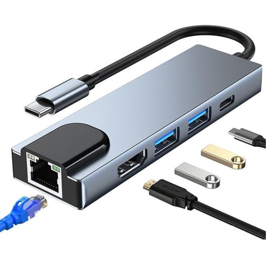 Forzacase Notebook Macbook Type-C Görüntü Aktarıcı 5in1 Ethernet USB HDMI Çevirici Hub HDTV FC799